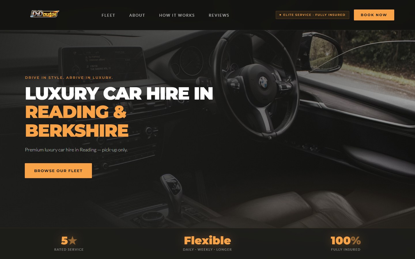 DND Autos desktop homepage with featured vehicles